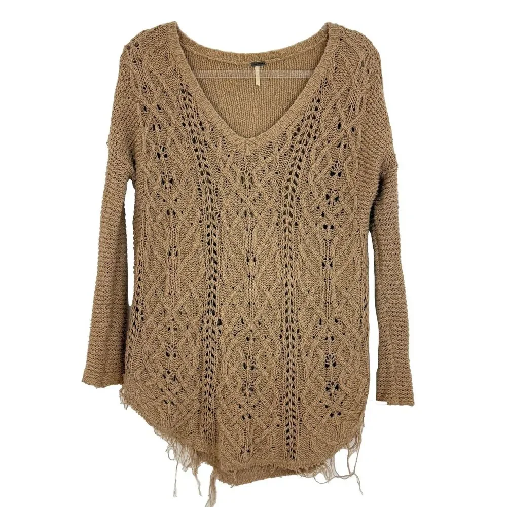 FREE PEOPLE Cross My Heart Knit Tunic Sweater XS Fringe Oversized Tan EUC B72